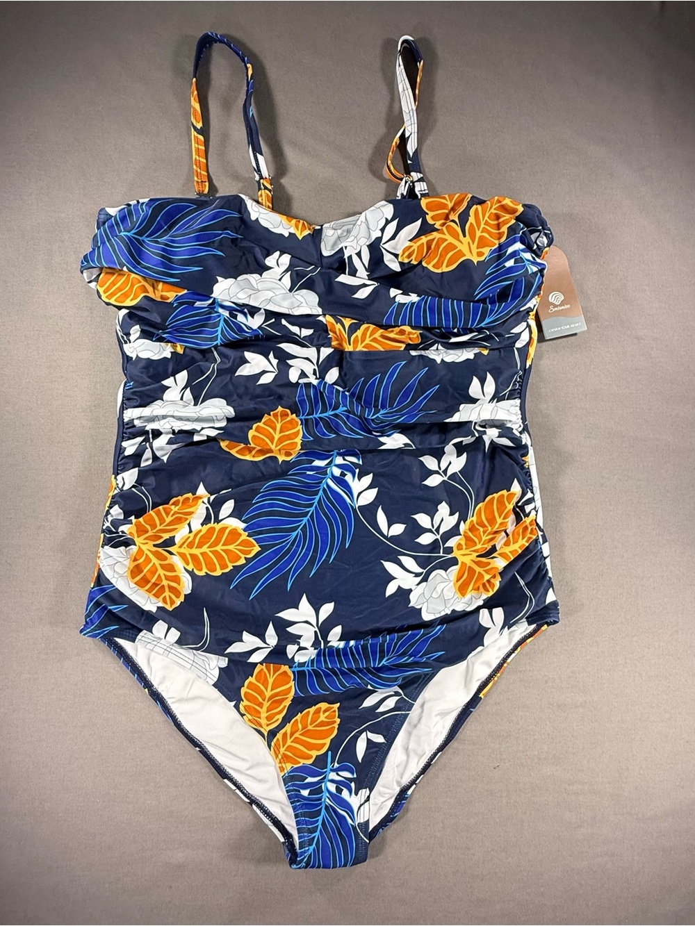 Smismivo Strapless One Piece Swimsuit Navy Floral Tummy Control Vintage Retro L